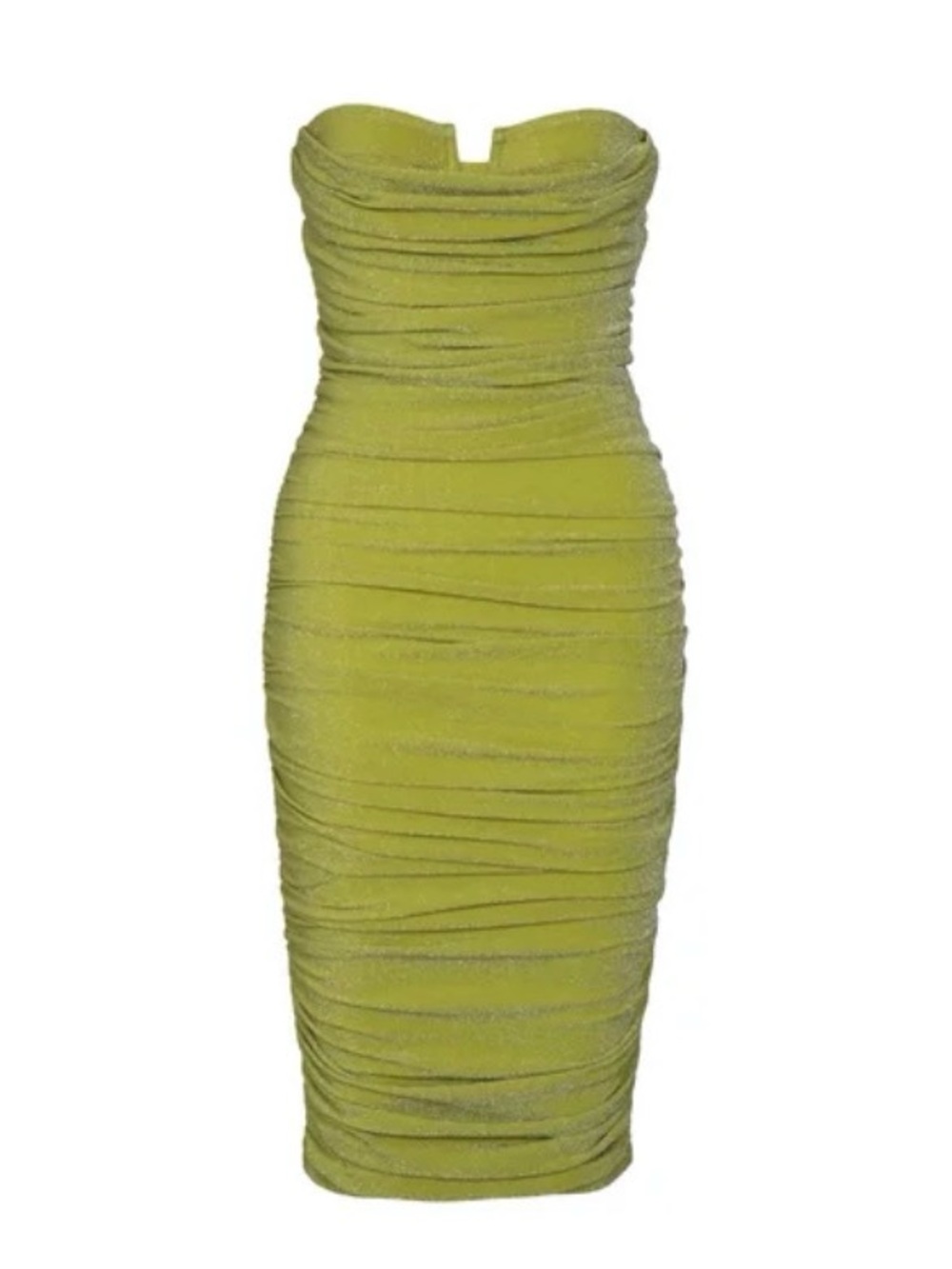 BANANHOT Chartreuse Strapless Metallic Ruched Bodycon Dress